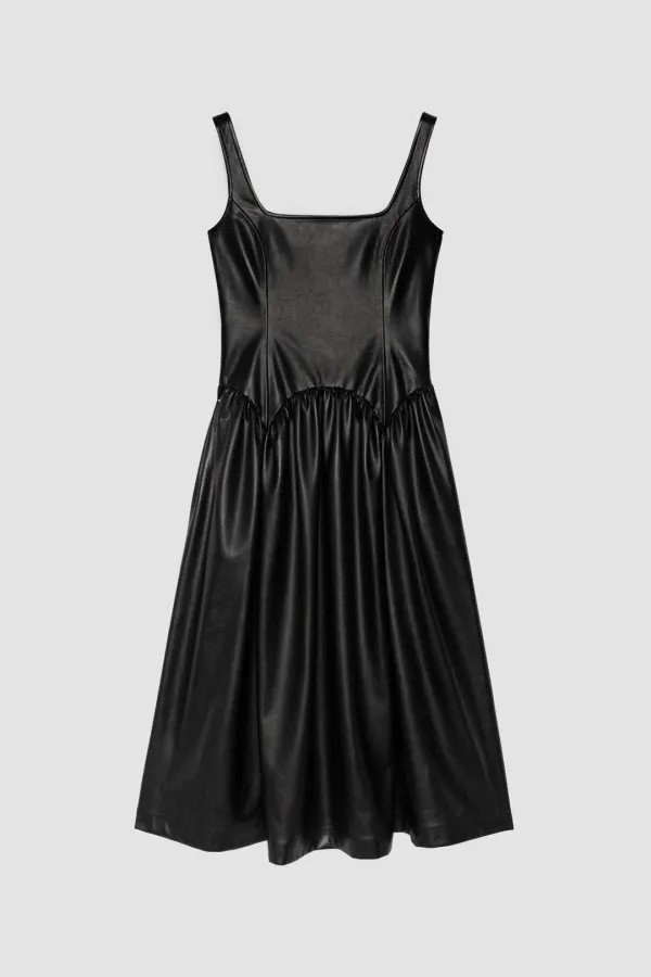 SQUARE NECK LEATHER LONG DRESS_BLACK