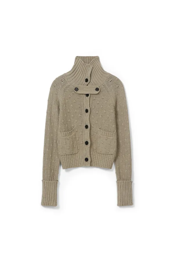 HIGH NECK POINTELLE CARDIGAN, BEIGE