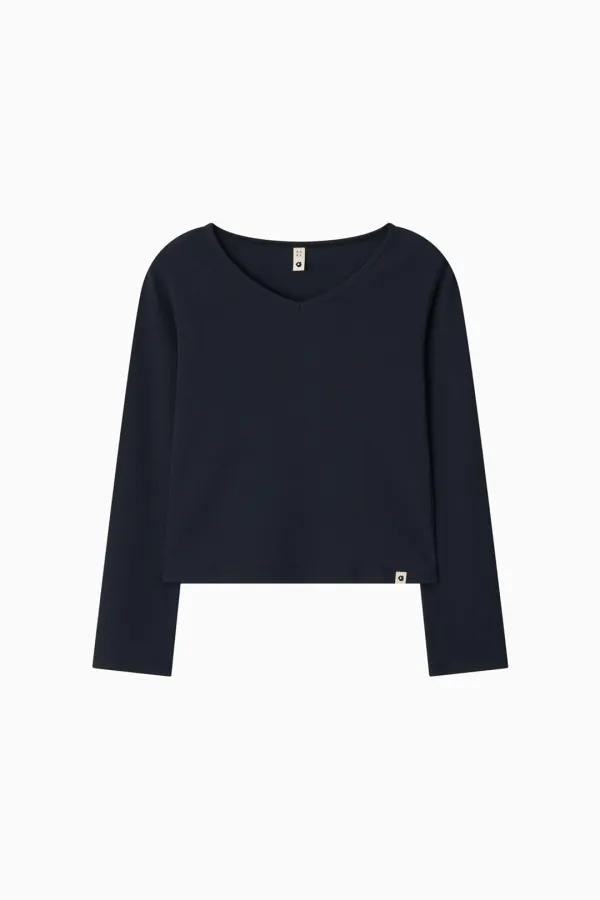 BASIC RIBBED V-NECK LONG SLEEVE, NAVY