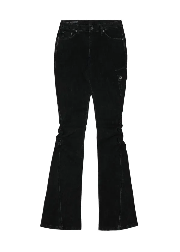 SNOW WASHED LEG SHIRRING JEANS, SNOW BLACK