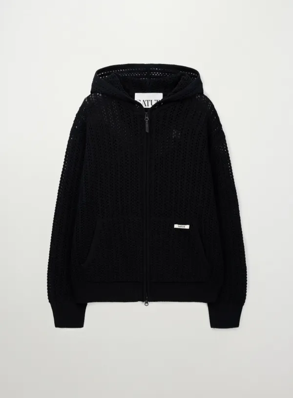 Crochet Knit Hood Zip-up - Black