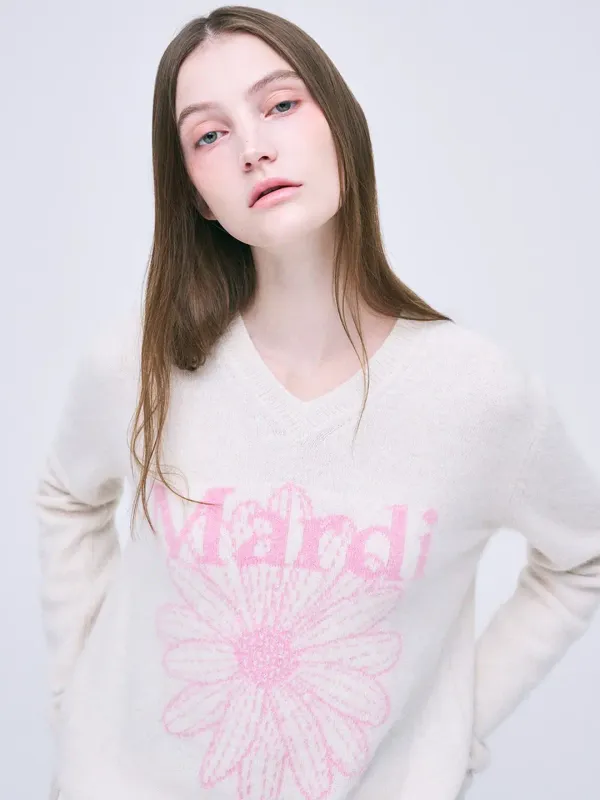 RACCOON BLENDED V NECK FLOWERMARDI_IVORY PINK