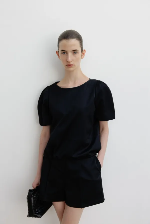 Glossy nylon drawstring blouse _black