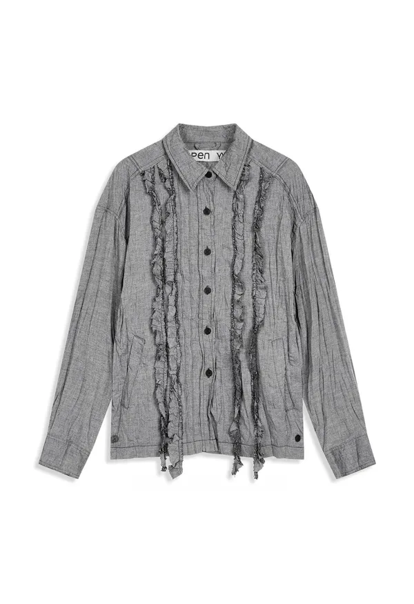 CRINKLED RUFFLE SHIRT, GRAY