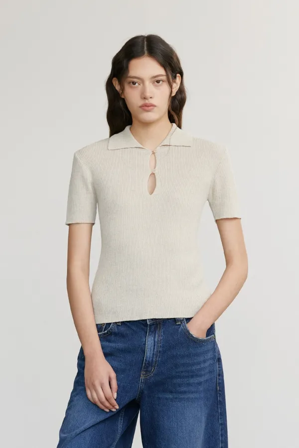 BACK SLIT COLLAR KNIT TOP (BEIGE)