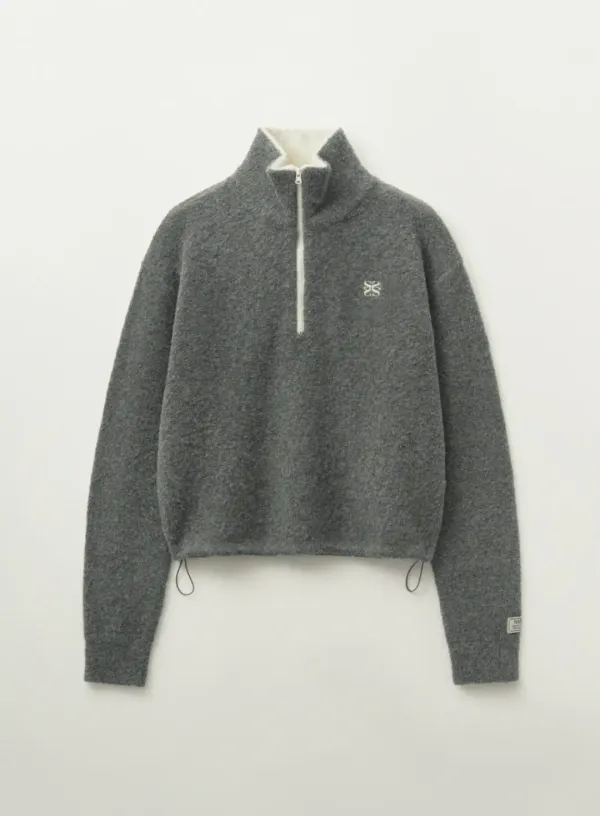 (W) Crop Half Neck Fleece Knit Zip-up - Gray
