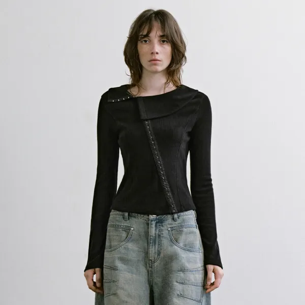 Asymmetric Hook Long Sleeve Top [ Black ]