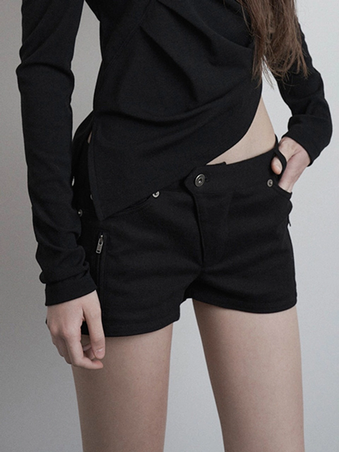 이네기 Overlay Waist Zip Shorts (black) 상품 이미지 1