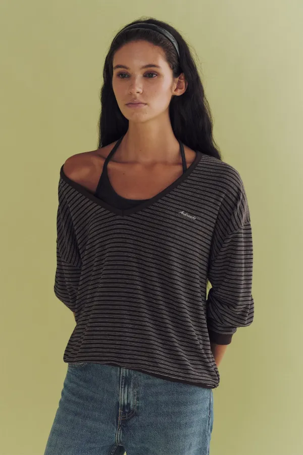 Mild stripe deep v-neck top (brown)