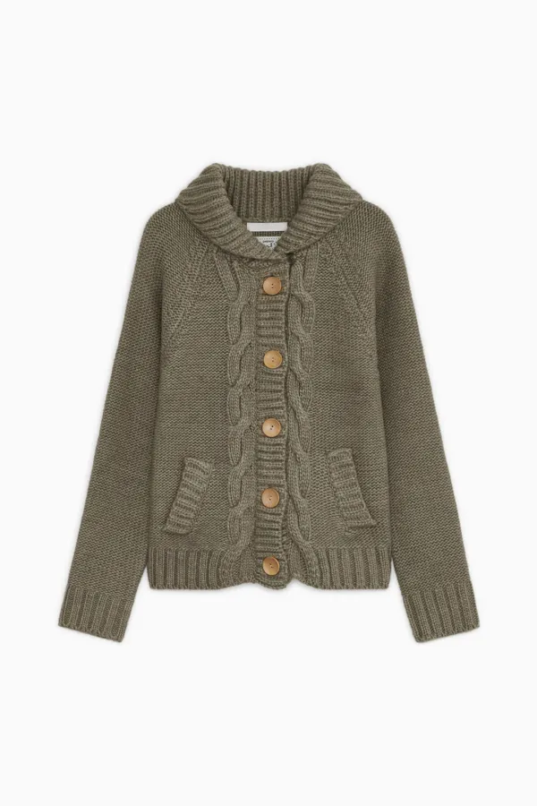 [10/6 SOON] SHAWL COLLAR CABLE KNIT CARDIGAN, KHAKI BEIGE