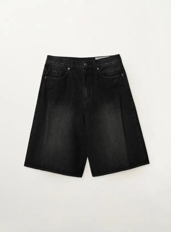 Pleats Bermuda Washed Denim Shorts - Black