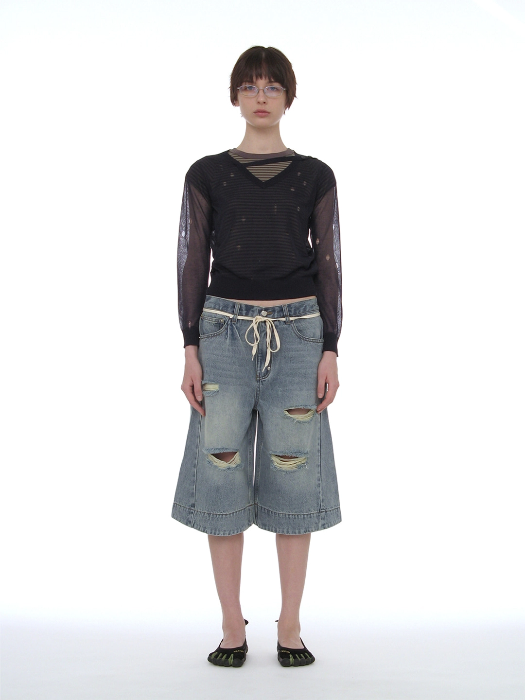 파르티멘토 [WOMEN] SHEER DISTRESSED V-NECK KNIT TOP_NAVY 상품 이미지 2