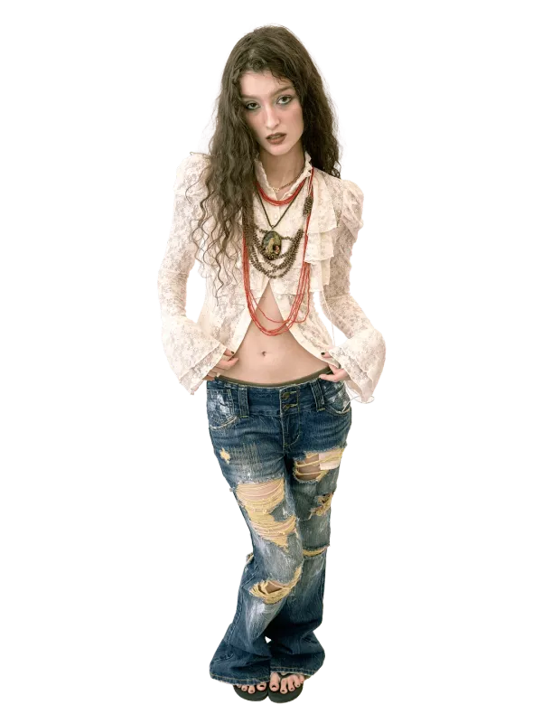 Distressed Bootcut Jeans Mid Blue