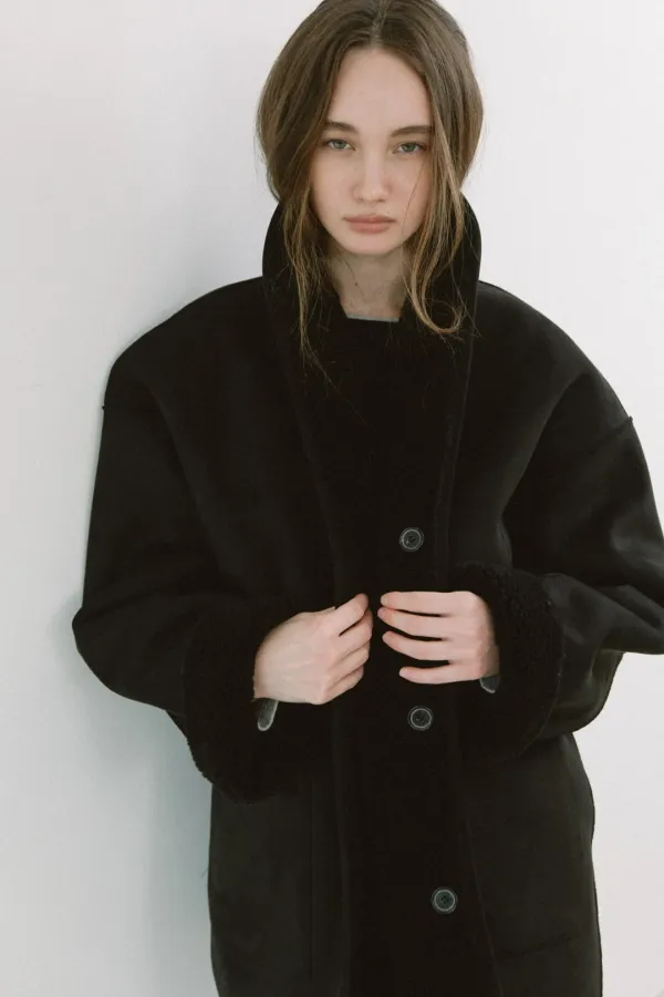 SHAWL HALF REVERSIBLE SHEARLING COAT [ BLACK ]