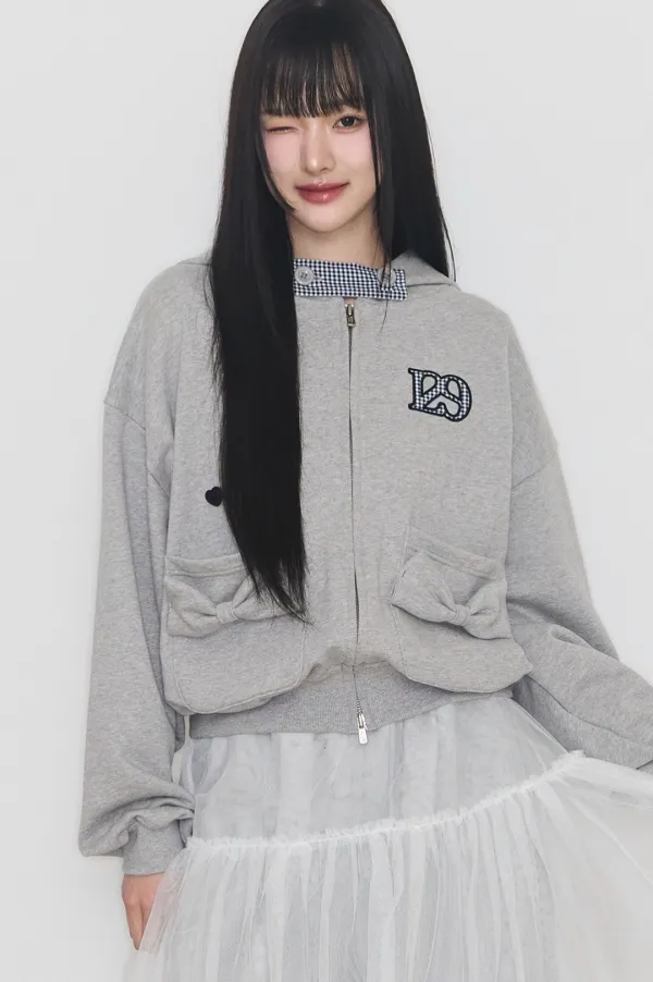 체커 보우 포켓 후드 집업 멜란지