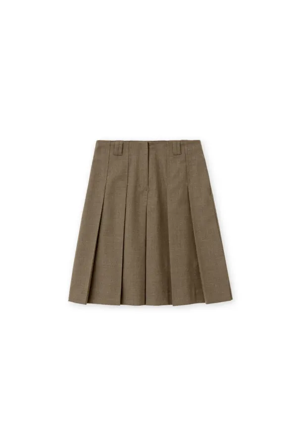 W Pleats Midi Skirt, Brown