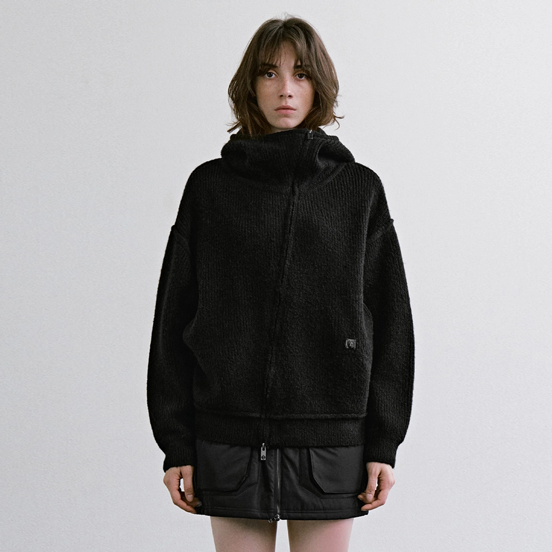트리밍버드 Diagonal Zip-up Knit Hoodie [ Black ] 상품 이미지 2