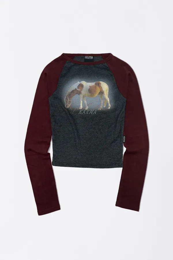 Good Karma Raglan Tee Charcoal/Burgundy