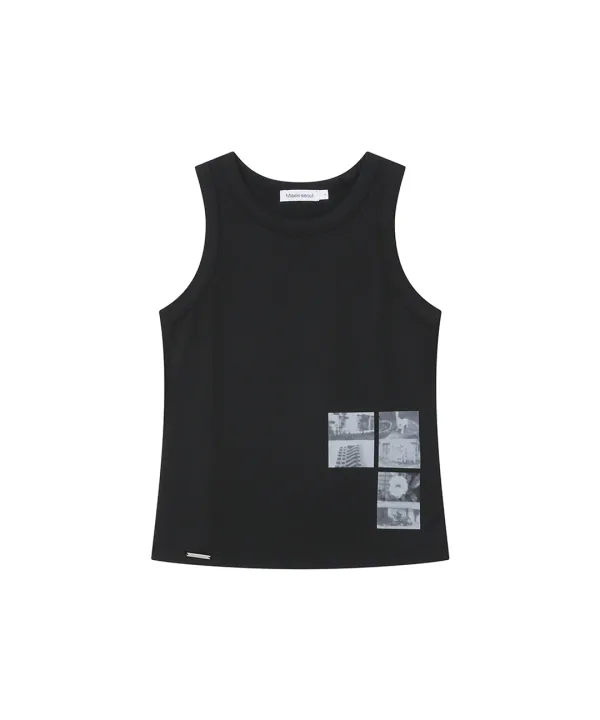 Photo album graphic sleeveless BLACK