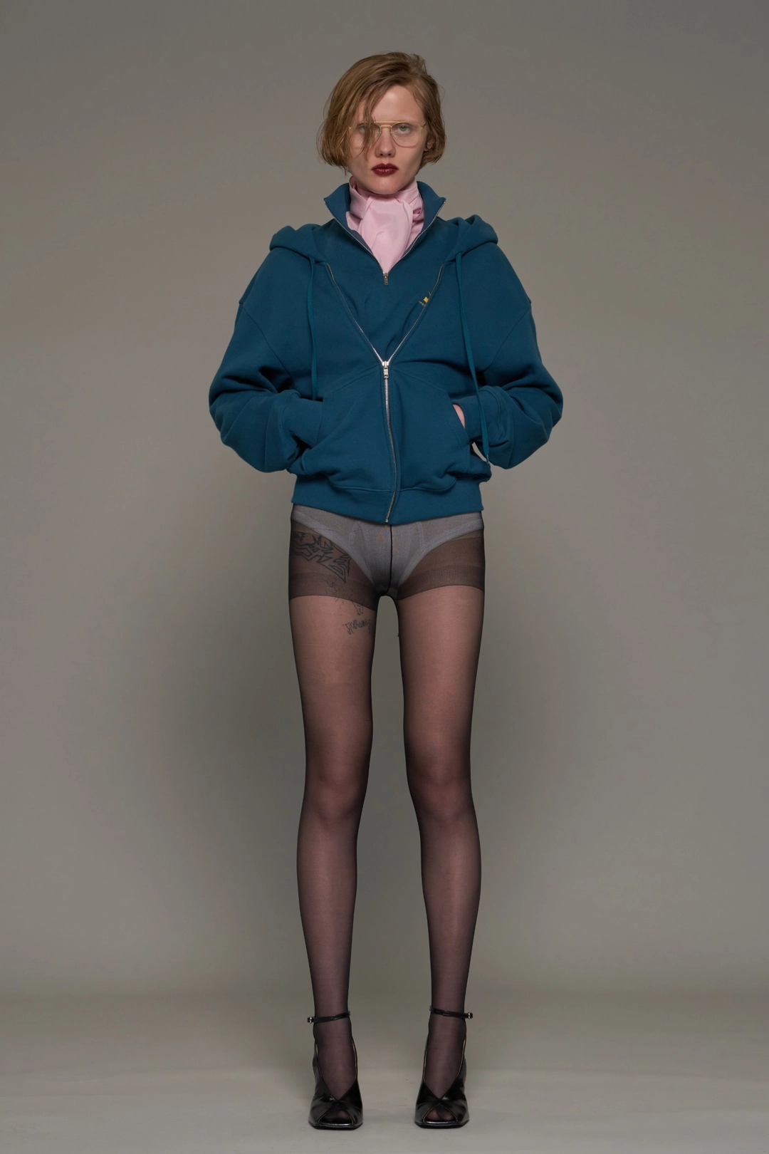 푸쉬버튼 FW26 DARK GREEN LAYERED HALF-ZIP HOODIE 상품 이미지 1
