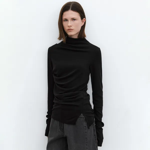 (T-7132)MOCK NECK TUCK DETAIL TEE