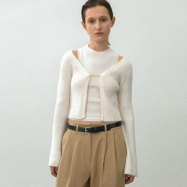 (Z-CD-2152)HAIRY KNIT CARDIGAN&TOP SET S