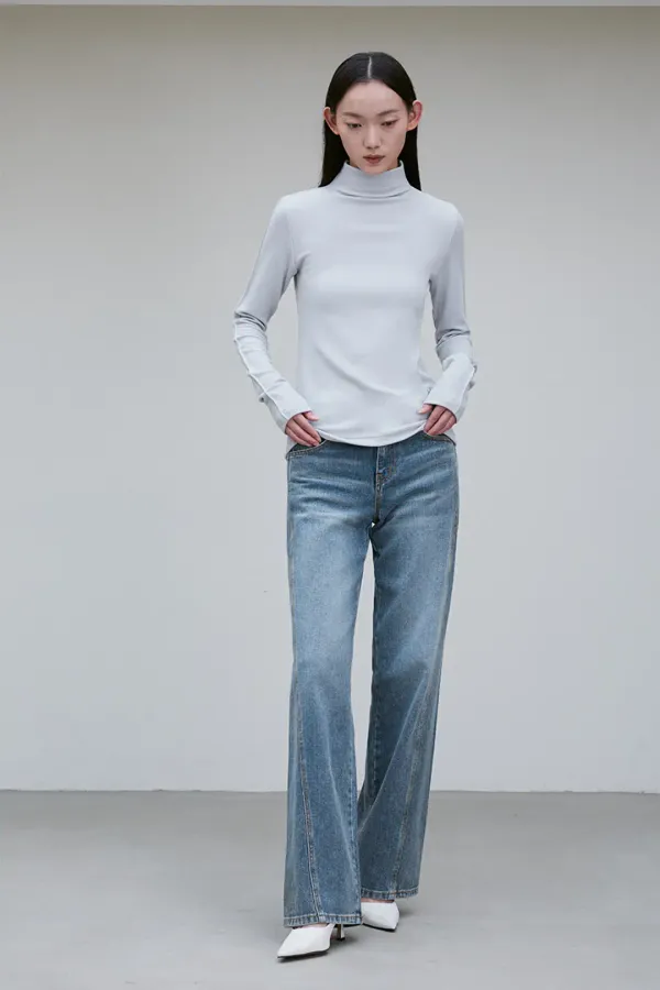 [6th] SEAM DETAIL STRAIGHT DENIM PANTS WASHED BLUE