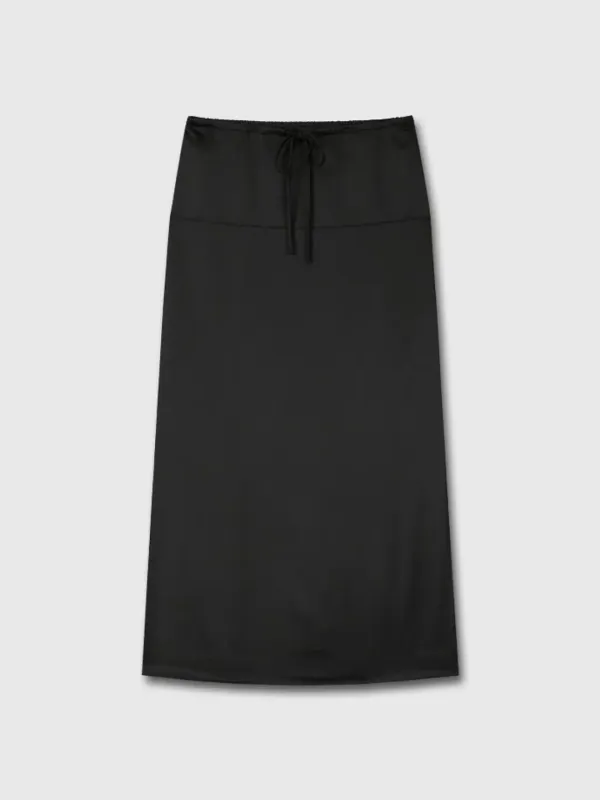 SATIN DRAWSTRING MIDI SKIRT_ BLACK