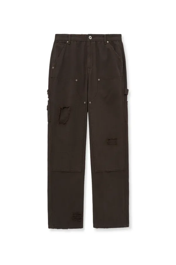 DISTRESSED DOUBLE KNEE WORK PANTS FOR MEN IN BROWN
