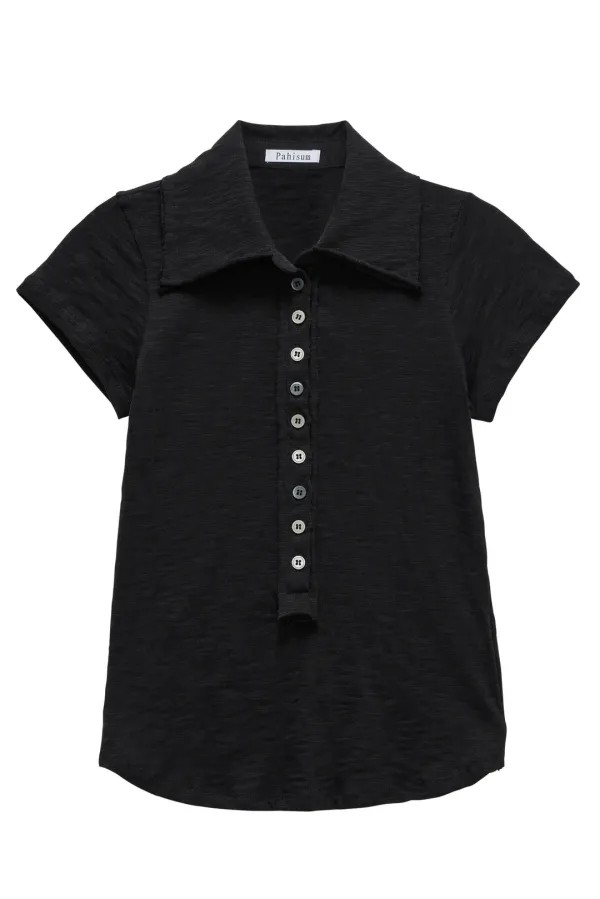 BUTTON COLLAR SLIM TEE_BLACK