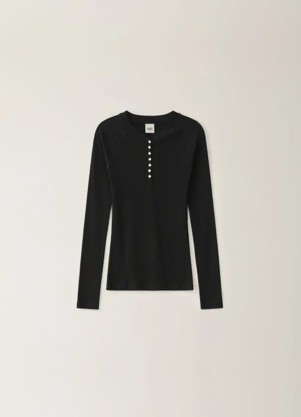 [Limited] Raglan Ribbed Button T-shirt - Black