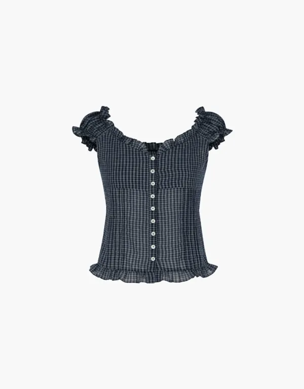 check shirring blouse - navy