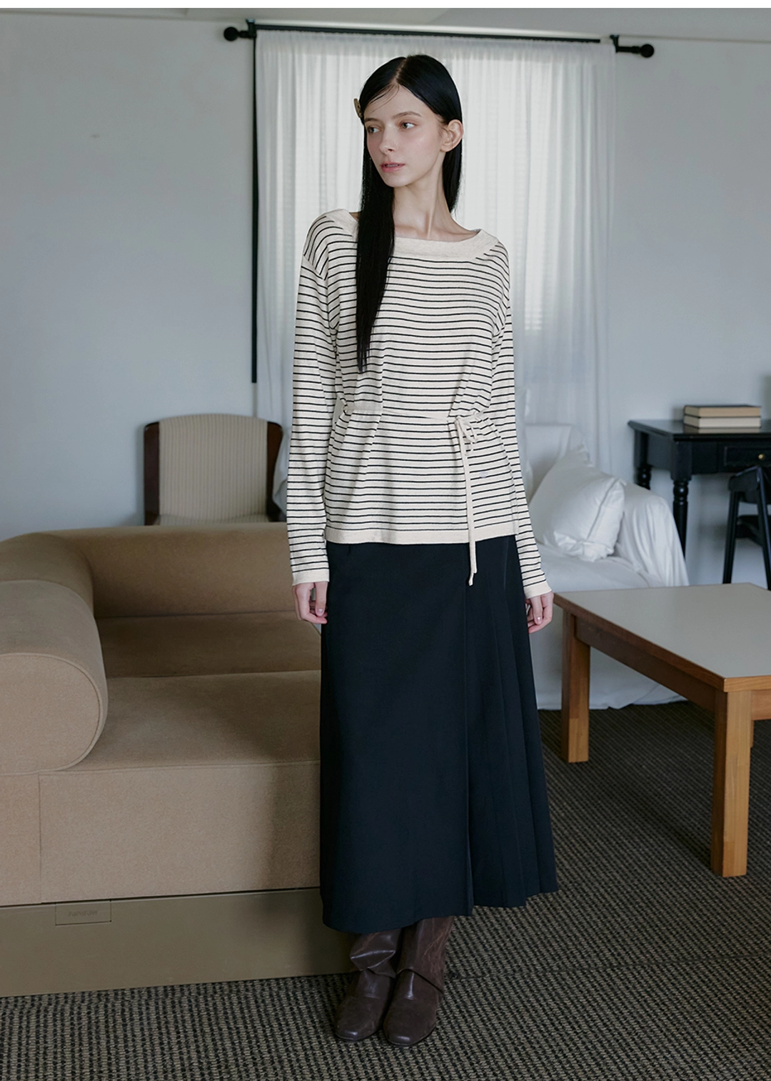 미케네 [44-120]  Lyrida Boatneck Knit  리리다 보트넥 니트 (가을-봄-데일리룩-데이트룩-출근룩-격식룩-데일리니트-보트넥-여리핏-베이직-기본니트-롱슬리브-스트라이프-긴팔니트-자체제작) 상품 이미지 2