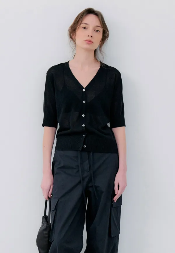 LINEN HALF V NECK CARDIGAN - BLACK