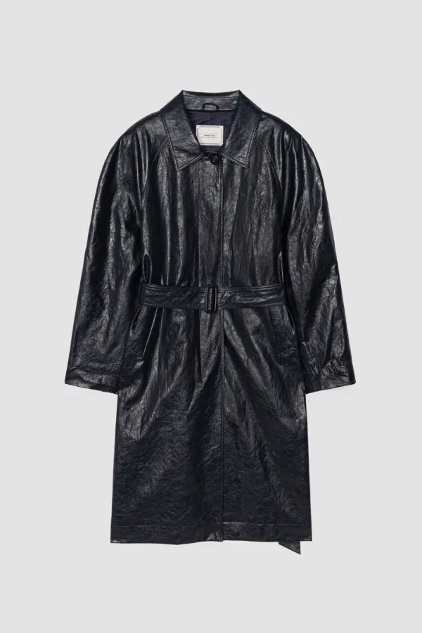 LEATHER LONG TRENCH COAT_NAVY