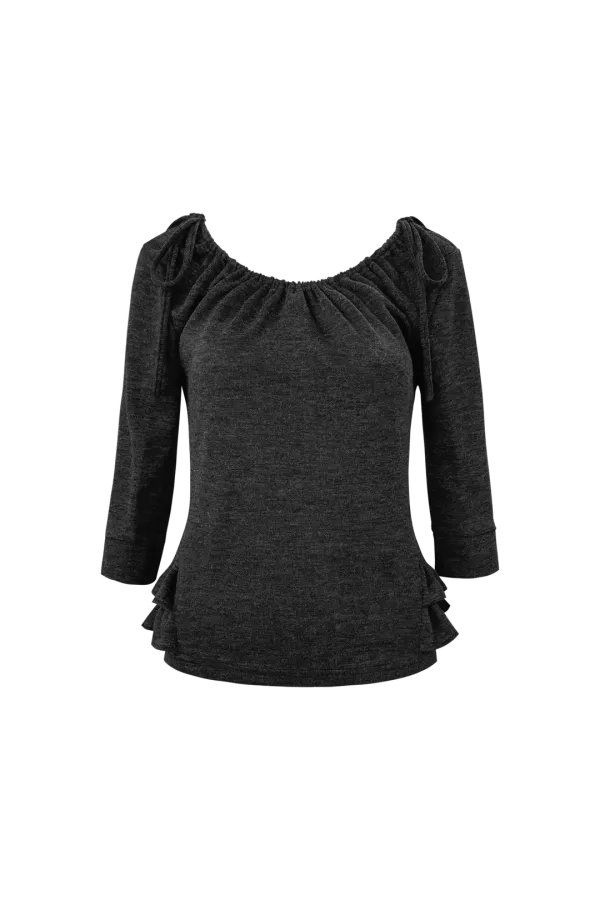 SHIRRED MID-SLEEVE FRILL TOP (CHARCOAL)