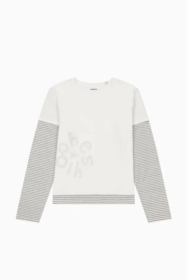 LOGO LAYERED STRIPE LONG T-SHIRT, WHITE