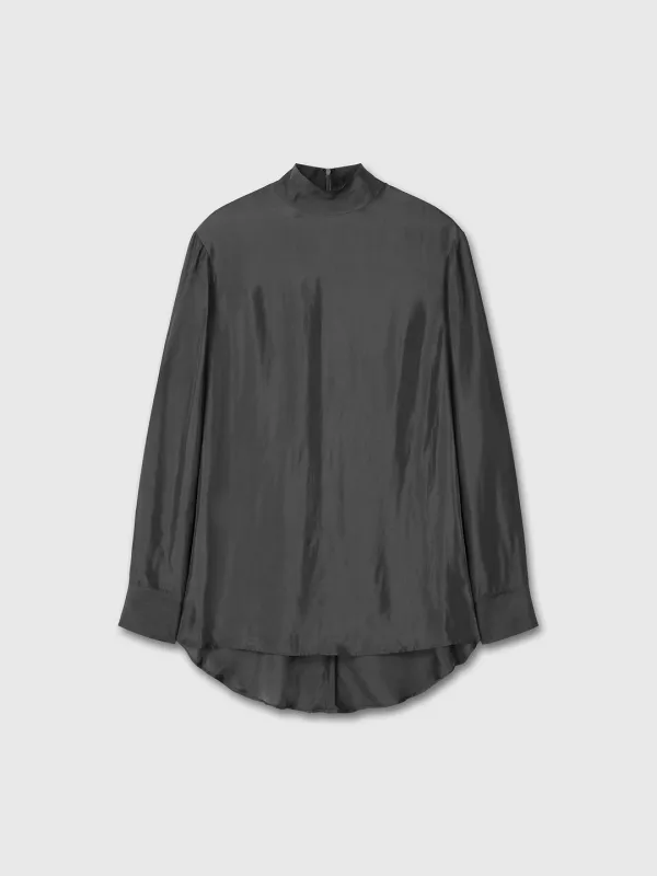 (W) LIQUID OVERSIZED HIGH NECK TOP_ GREY KHAKI