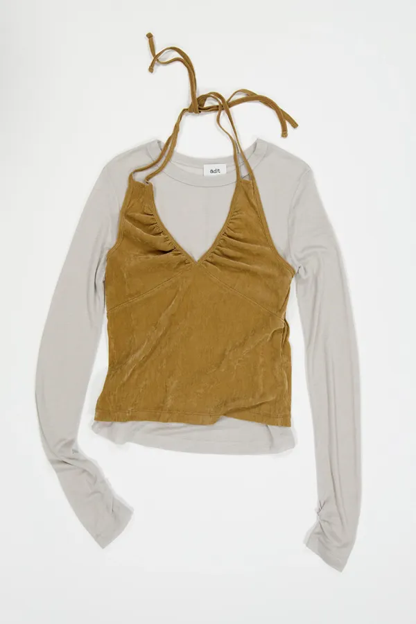 Suede shirring bra top_camel