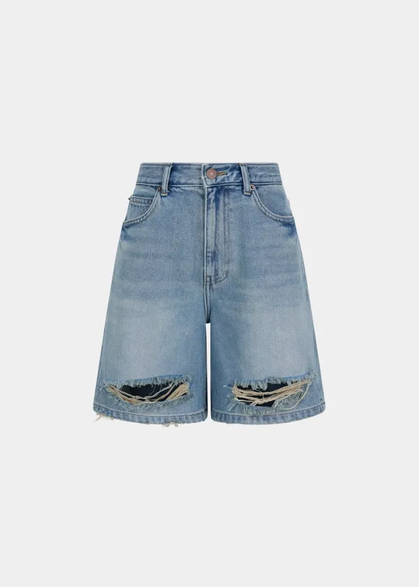 W DESTROYED WASHED DENIM SHORTS - LIGHT BLUE