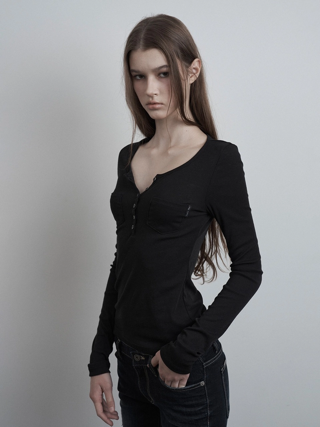 이네기 [2nd Reorder] Double Pocket Button Long Sleeve (black) 상품 이미지 1
