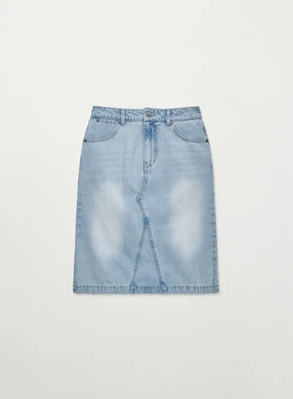 (W) Washed Denim Midi Skirt - Light Blue