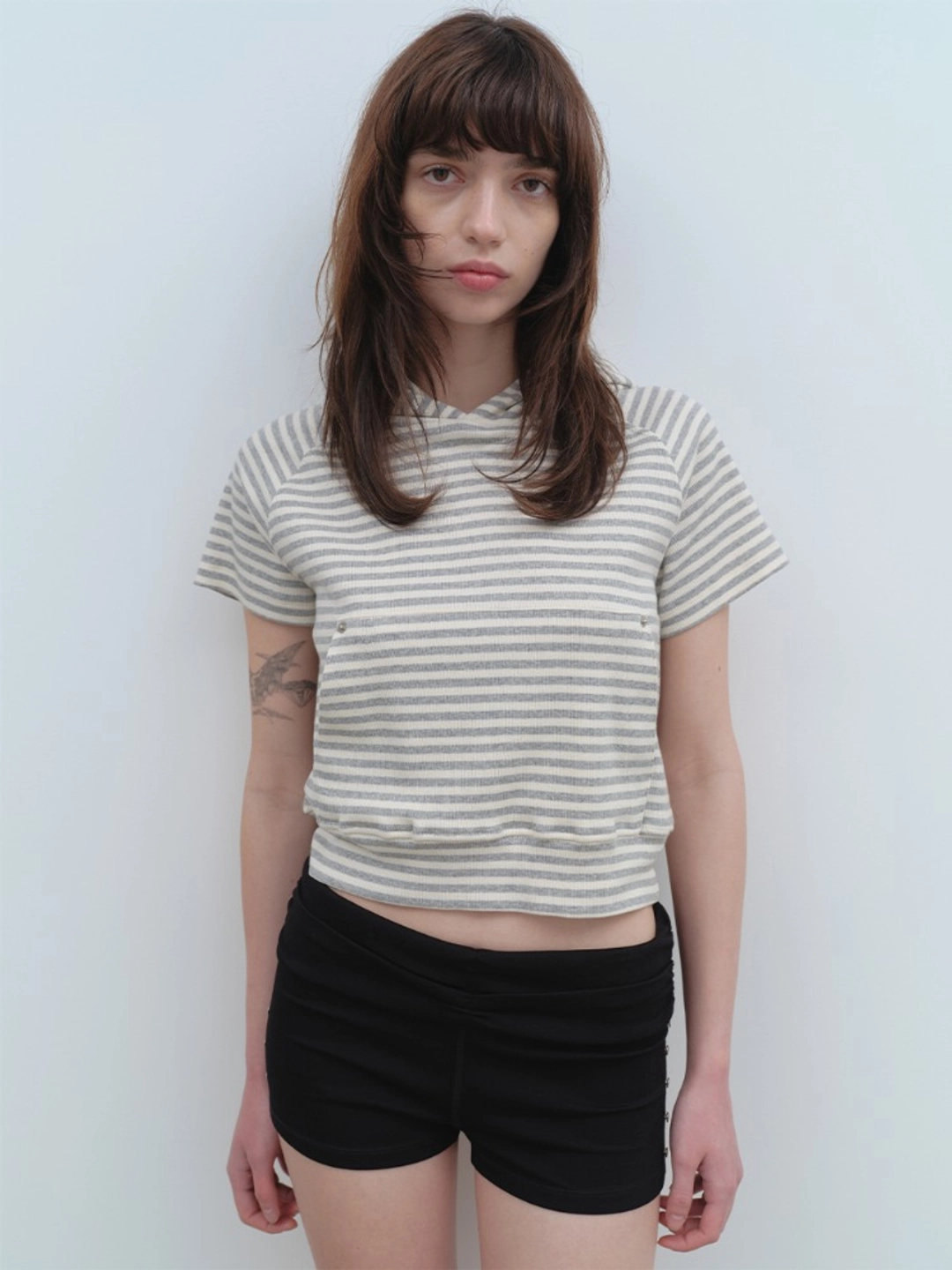 밀로 우먼 Ribbed Short Sleeve Hoodie [Melange Gray] 상품 이미지 2