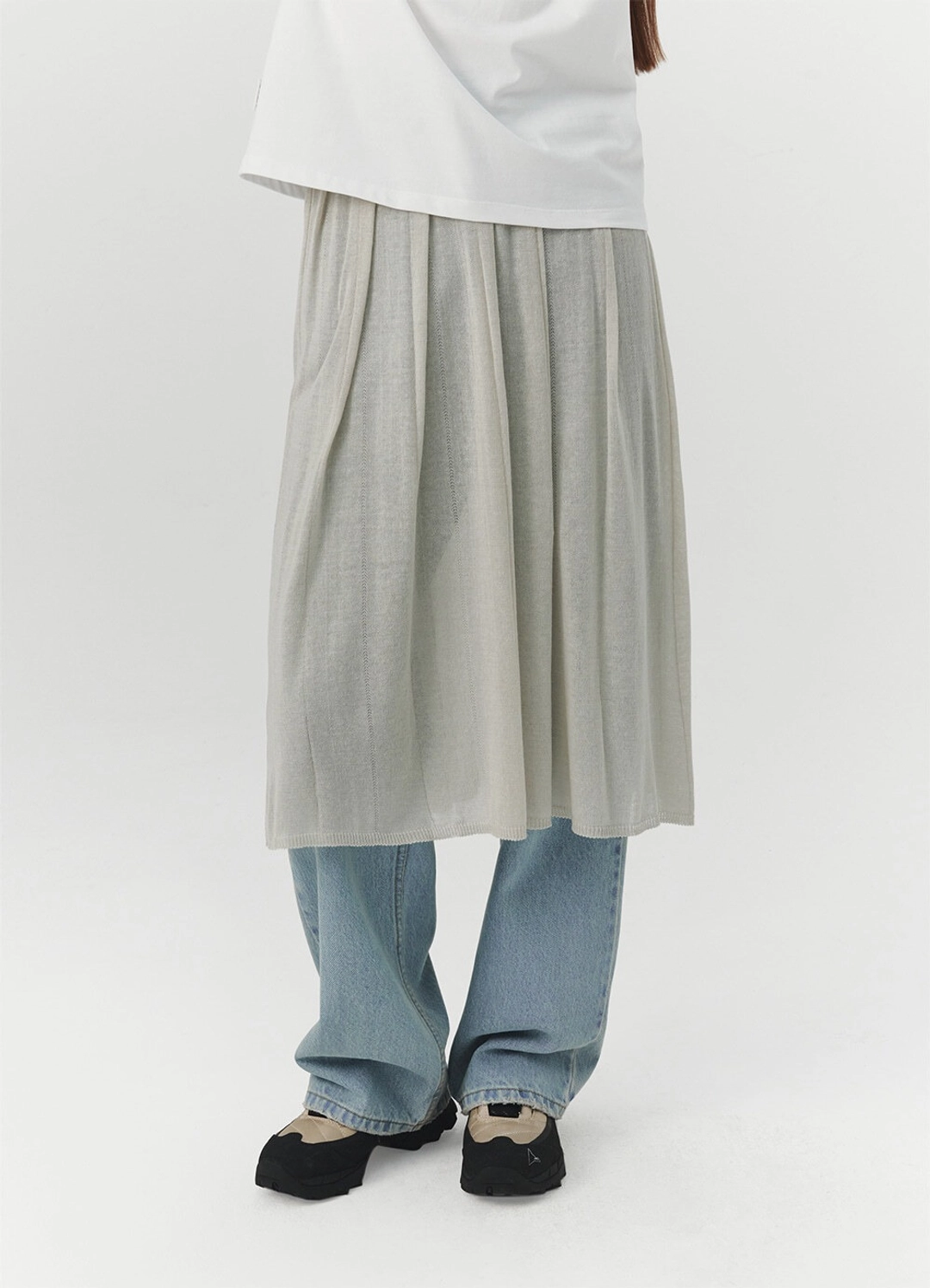 르바 Layered Knit Pleated Skirt - Light Kahki 상품 이미지 2