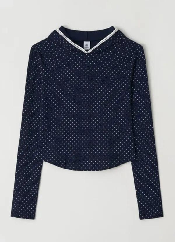 LACE HOODIE SLIM LONG SLEEVE NAVY DOT