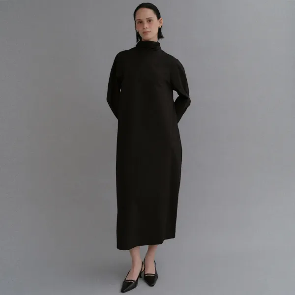 High-neck shirring tie dress_black