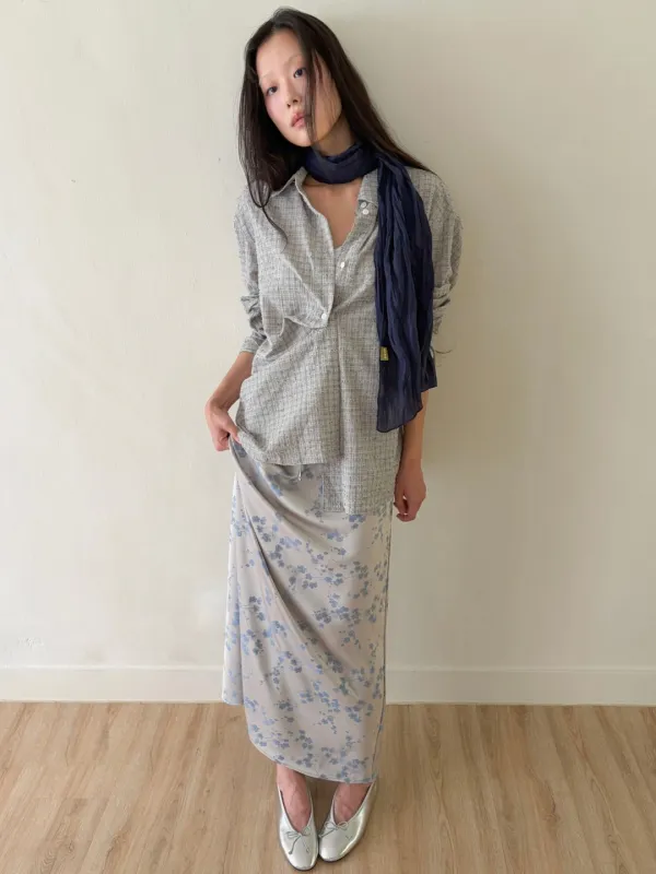 Flower Jacquard Long Skirt - Silver/Blue