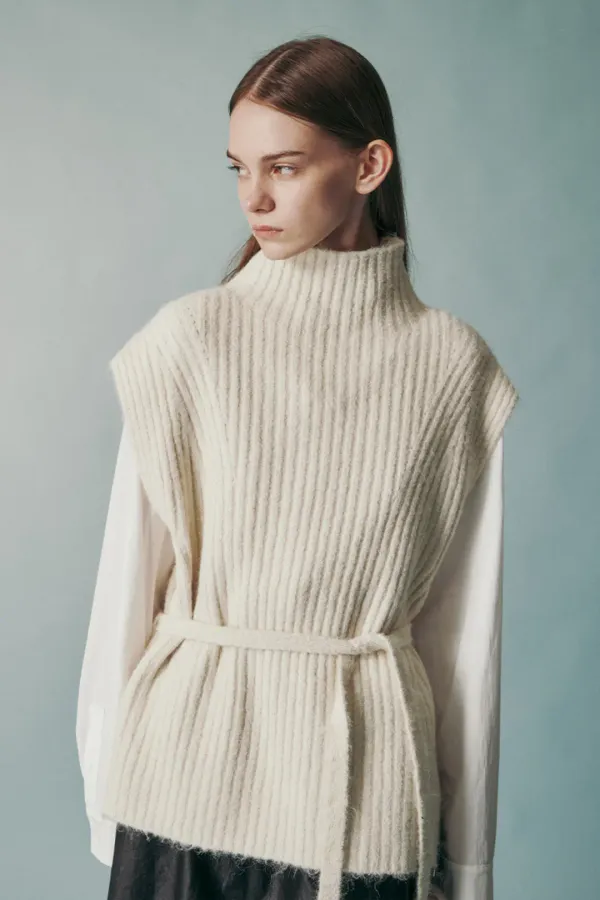WOOL BLEND TIE-WAIST KNIT VEST IVORY
