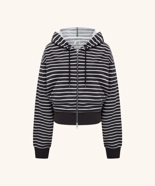 Sena Stripe Cotton Hooded Zip-Up ( Charcoal )