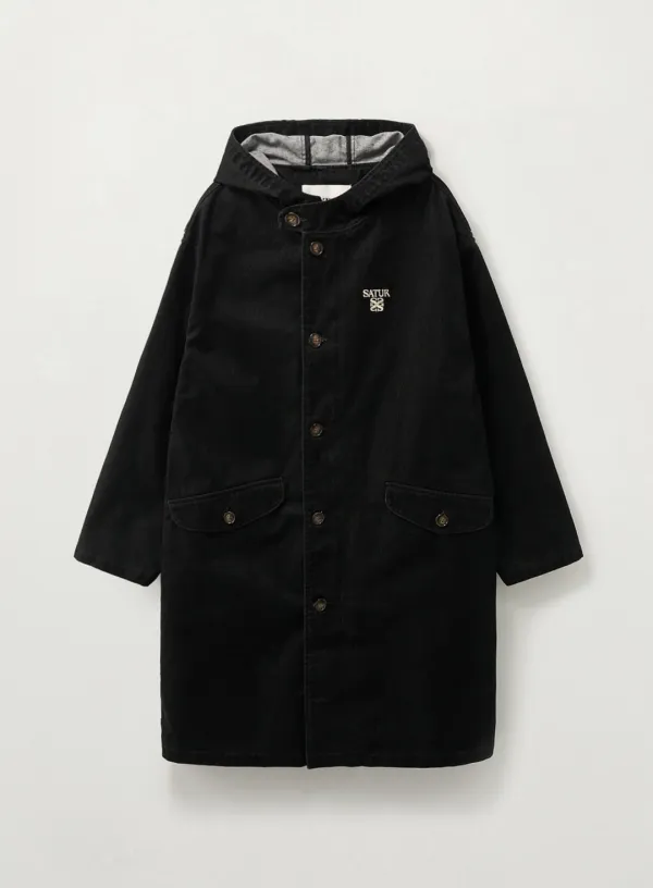 Velvet Denim Mid-Length Hood Coat - Black